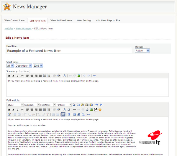 Editing an article with the News Manager